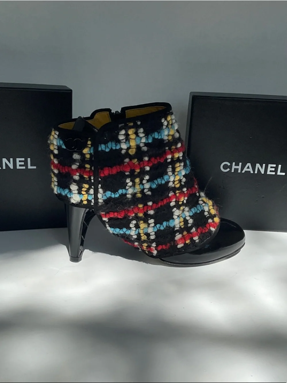 CHANEL Black Patent Leather Ankle Boots with Multicolor Tweed Shaft